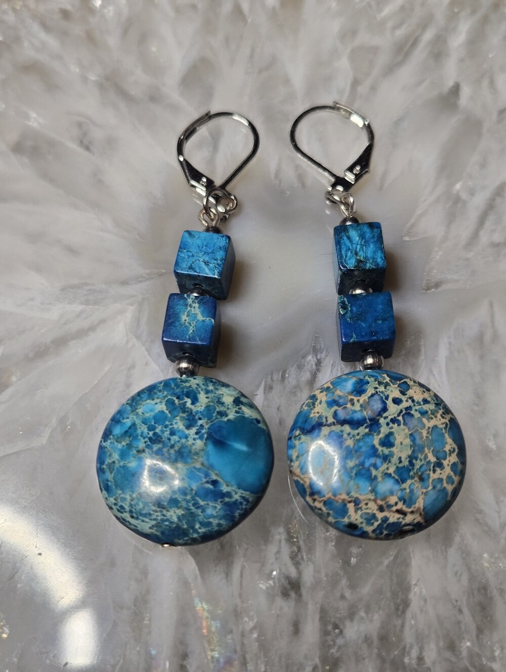 Cobalt Blue Marbled Sea Sediment Jasper Drop Earrings - Women Jewelry